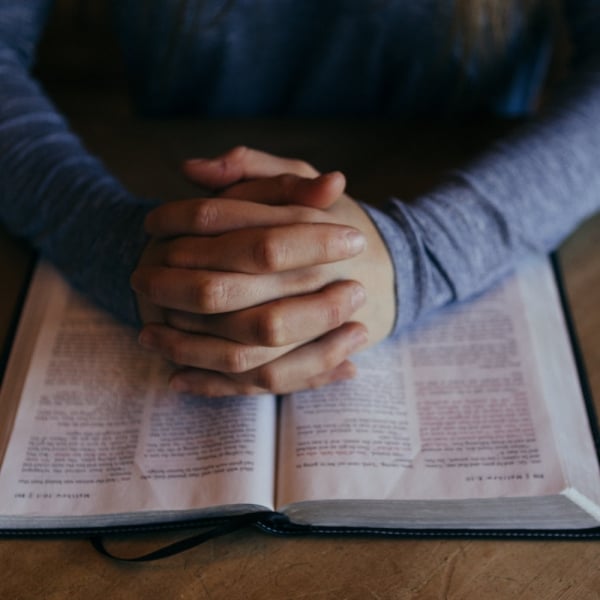 Folded hands on a Bible