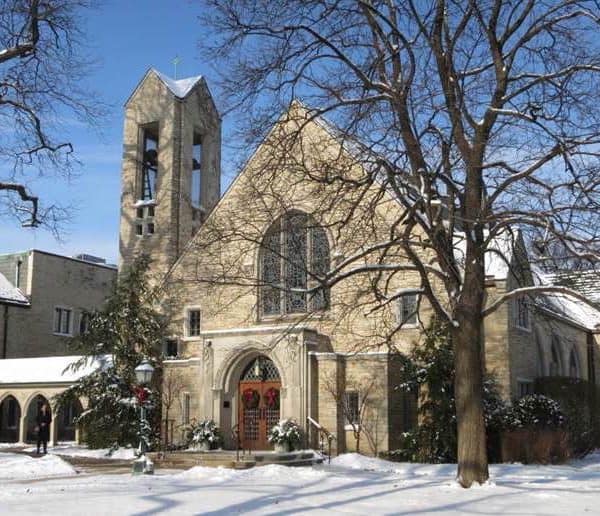 Exterior of our church in winter with snow on the ground