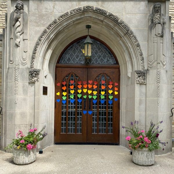 Our church's front door with Rainbow of Love notes