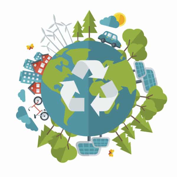 An illustration of earth with trees, cars, and bikes