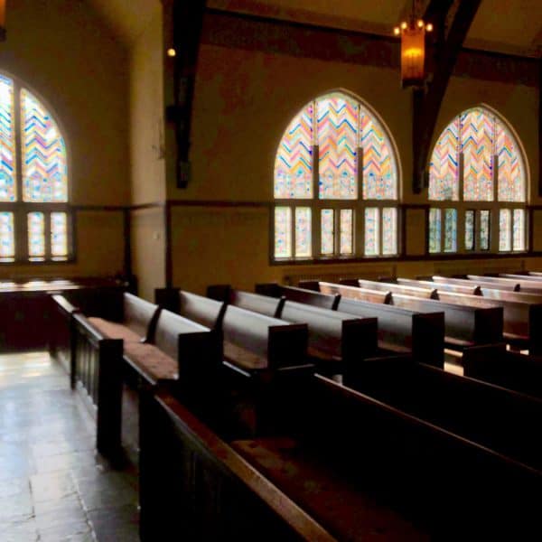 The morning light bouncing off our stained glass windows