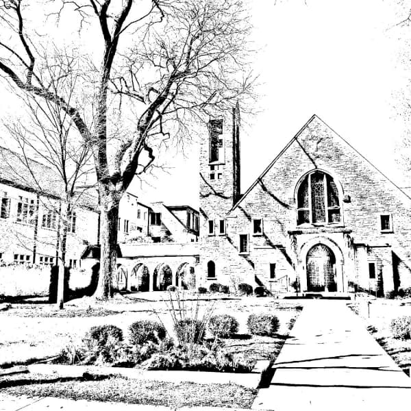 A stencil rendering of our church's exterior